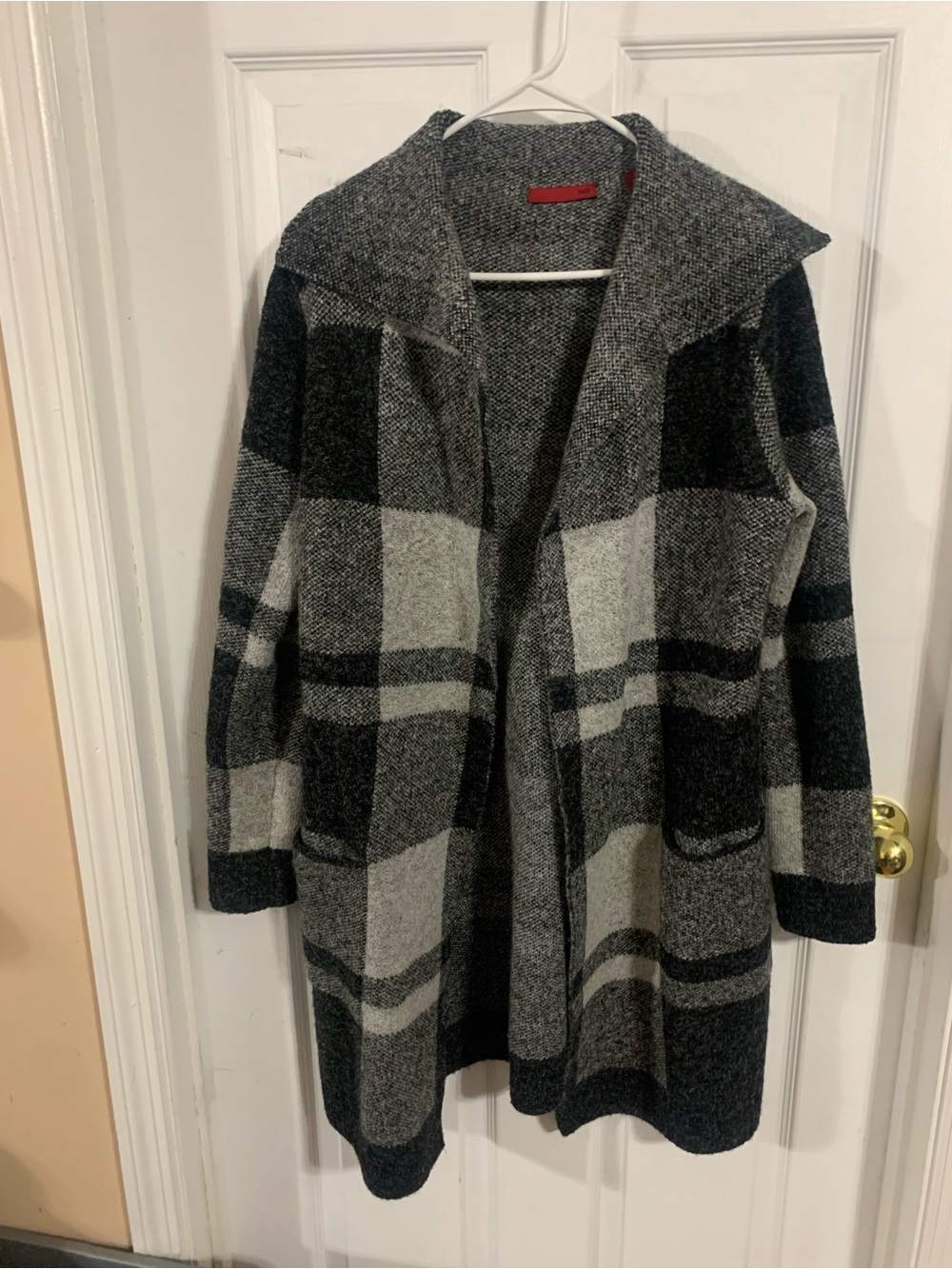 Red Gray Plaid Open-Front Cardigan Coat